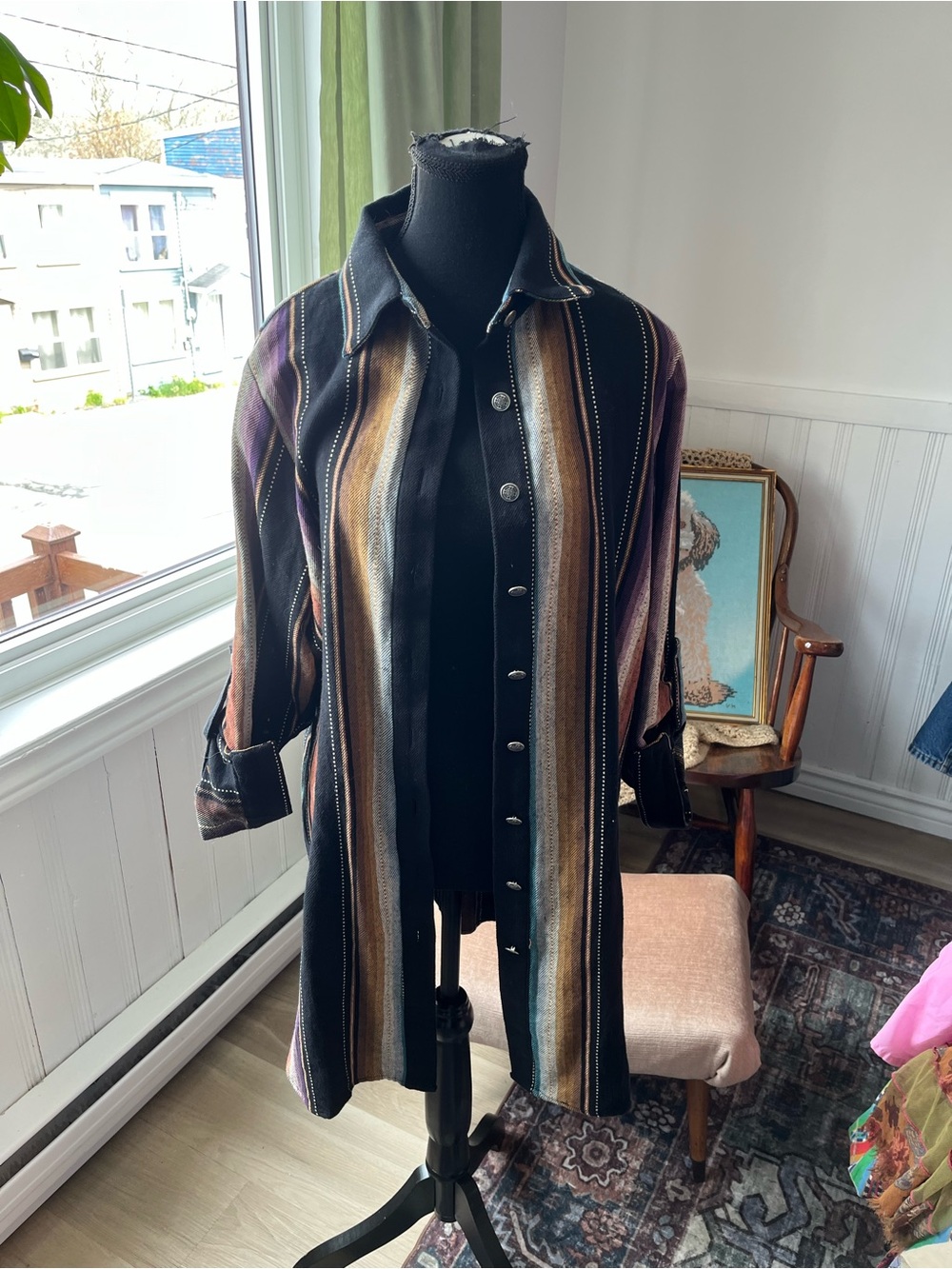 Womens Vintage Striped Button-Front Long Shirt Jacket Size Medium